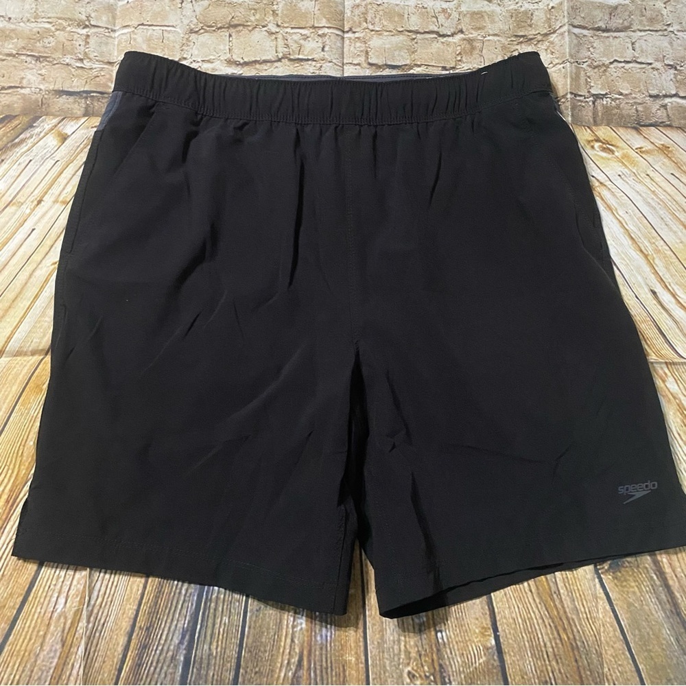 NEW Speedo Black Brief Lined Pockets Swim Trunks Shorts